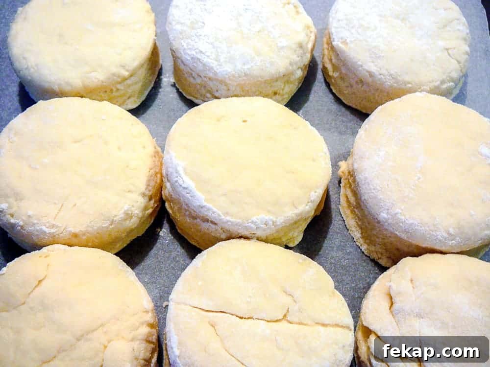 This is the Best Scone recipe I have ever tried! Light and fluffy scones made easily! #scones #bestscones #basicscones #sconesjamandcream Rounds cut from soft dough on a baking sheet.