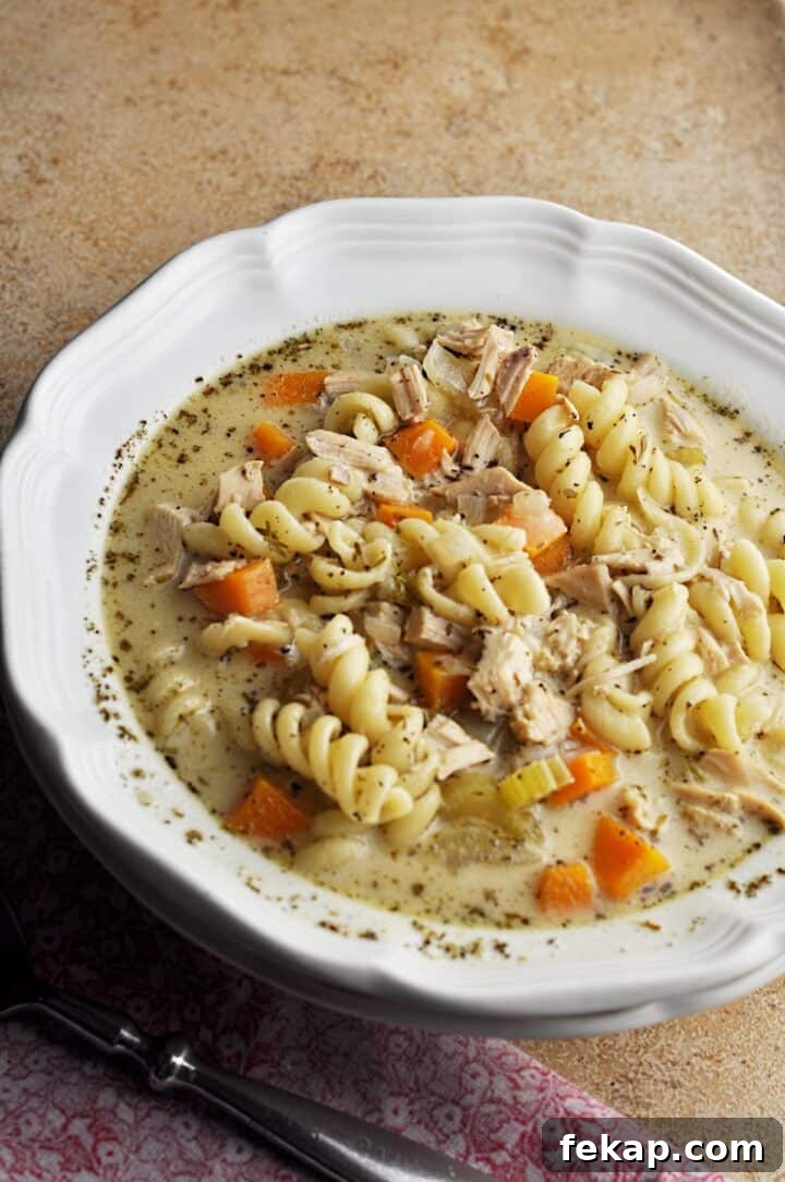 Creamy turkey noodle soup recipe in bowl
