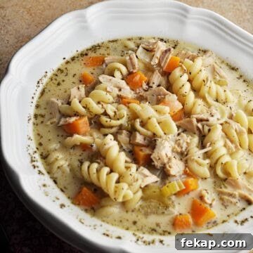 Creamy turkey noodle soup recipe in bowl