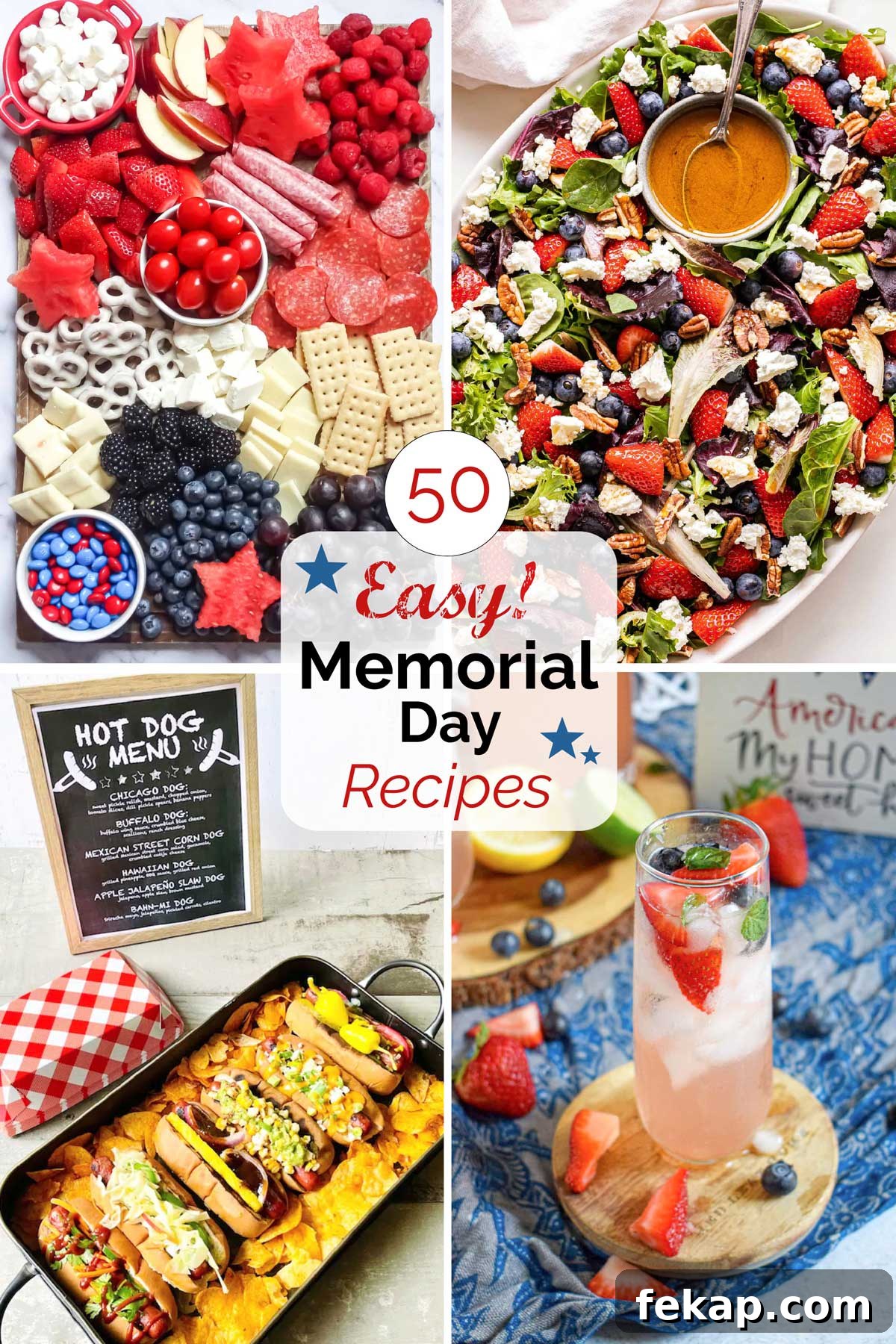 50 Memorial Day Recipes for Crowd-Pleasing Party Menus 2 Collage of 4 of the recipes with graphic stars and text overlay "50 Easy! Memorial Day Recipes".