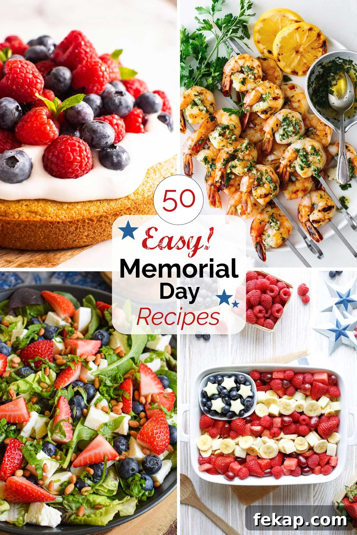 50 Memorial Day Recipes for Crowd-Pleasing Party Menus 8 Collage with four recipe pictures with centered text box saying "50 Easy! Memorial Day Recipes".