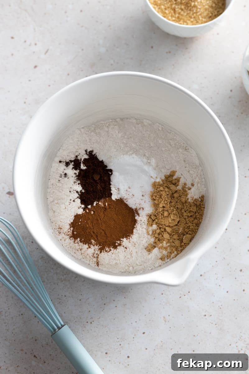 A mixing bowl with the dry ingredients.