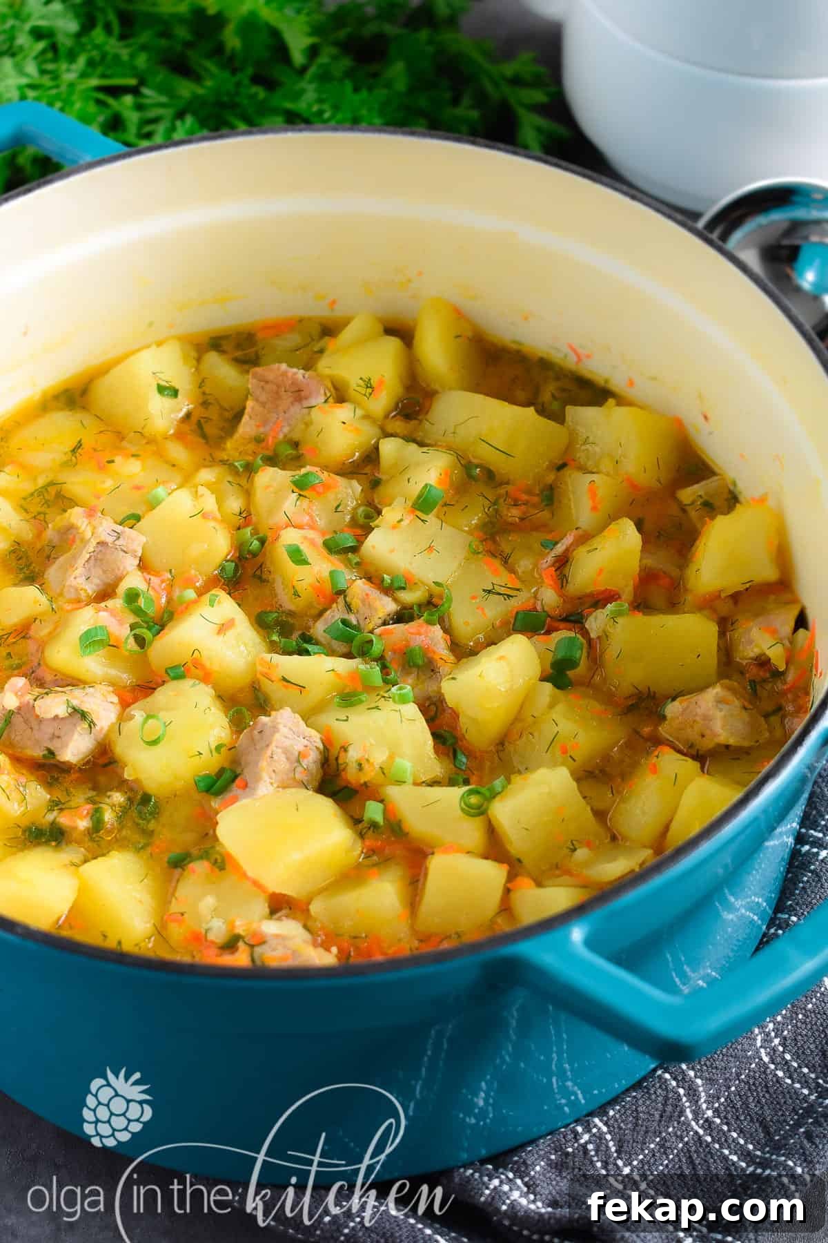 Braised potatoes with pork, carrots, onions, and fresh herbs