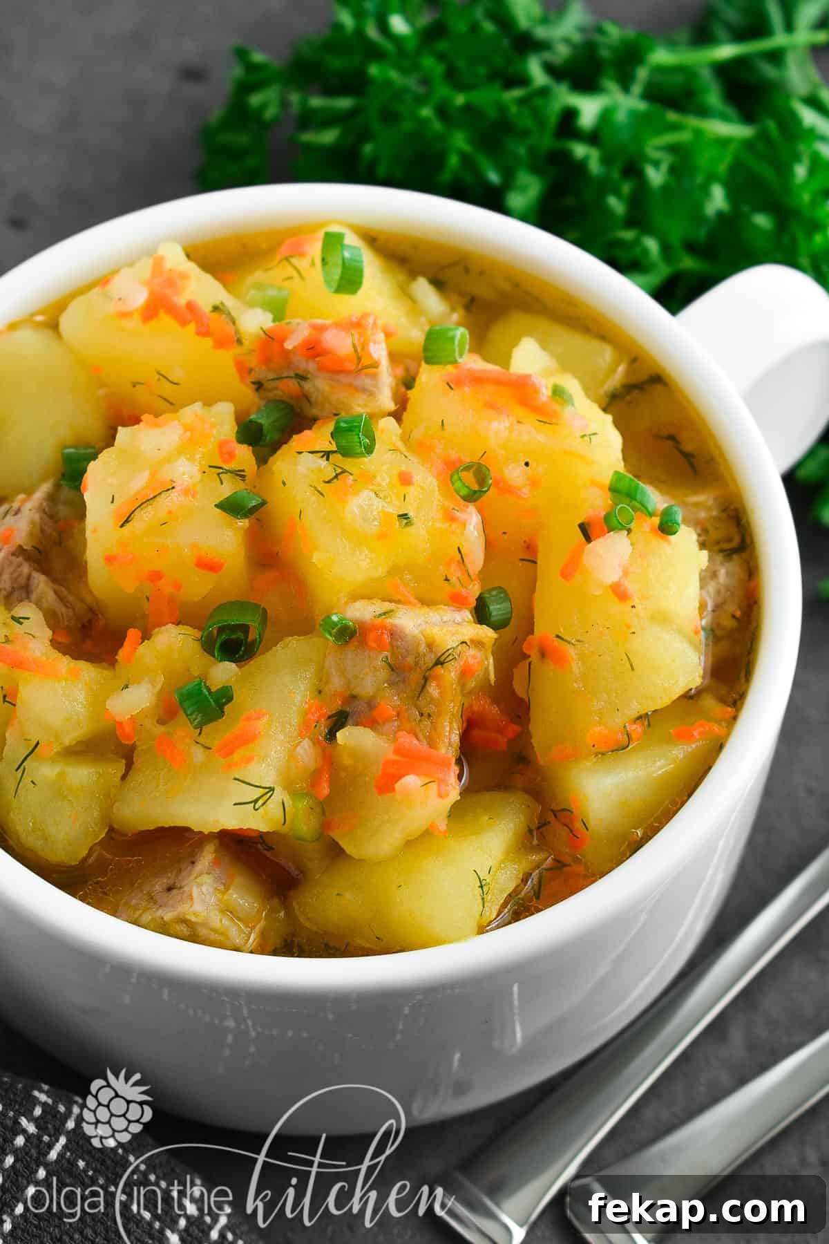 Tender pork and potatoes cooked with carrots and onions