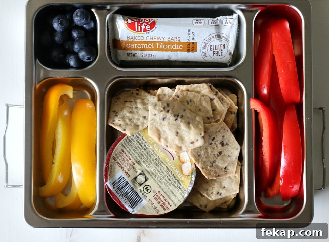 3 Gluten-Free Top-8-Free School Lunch Ideas with Chewy Bars 4 Gluten-free Lunch Idea Hummus crackers peppers