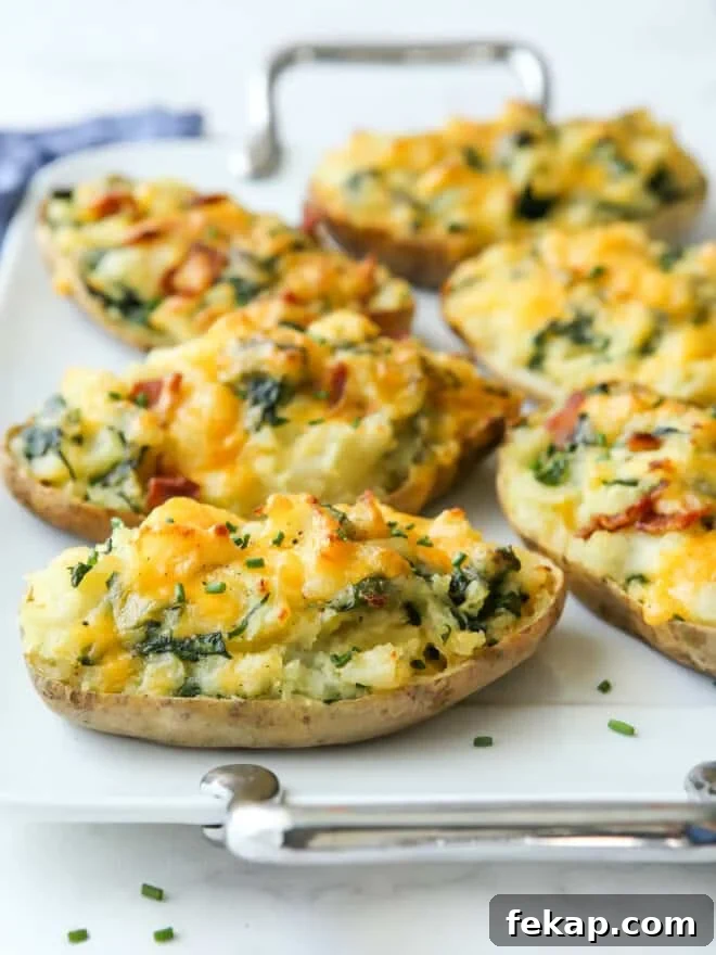 focus on one spinach and cheddar twice-baked potato on a platter