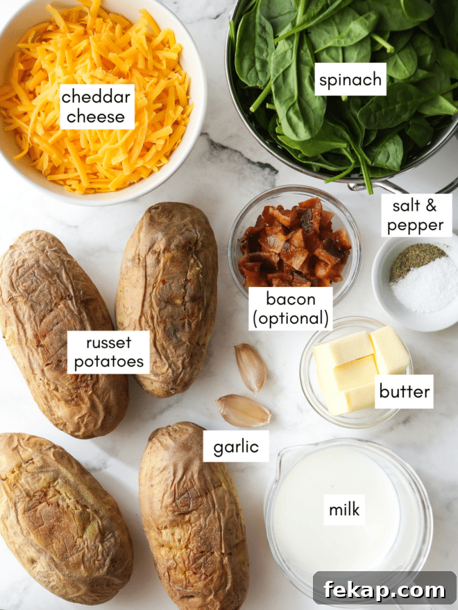 spinach and cheddar twice-baked potatoes ingredients assembled together