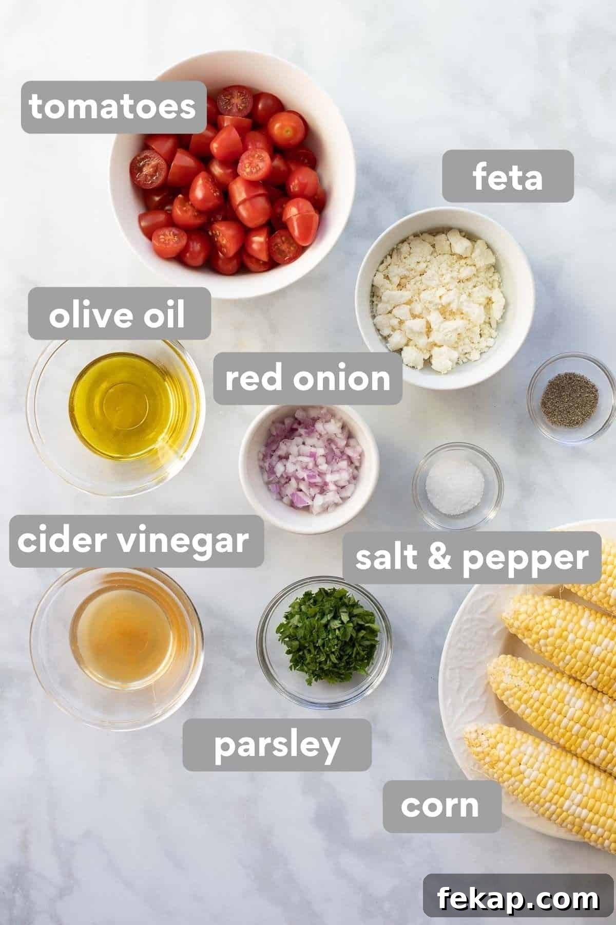 Summer Corn and Feta Salad Recipe 2 overhead shot of ingredients needed to make corn salad