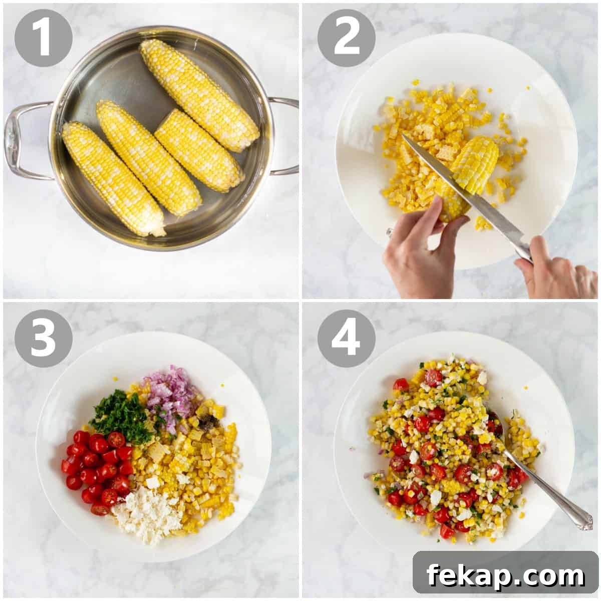 How to Make Corn Salad overhead shot of 4 step by step photos of how to make corn salad