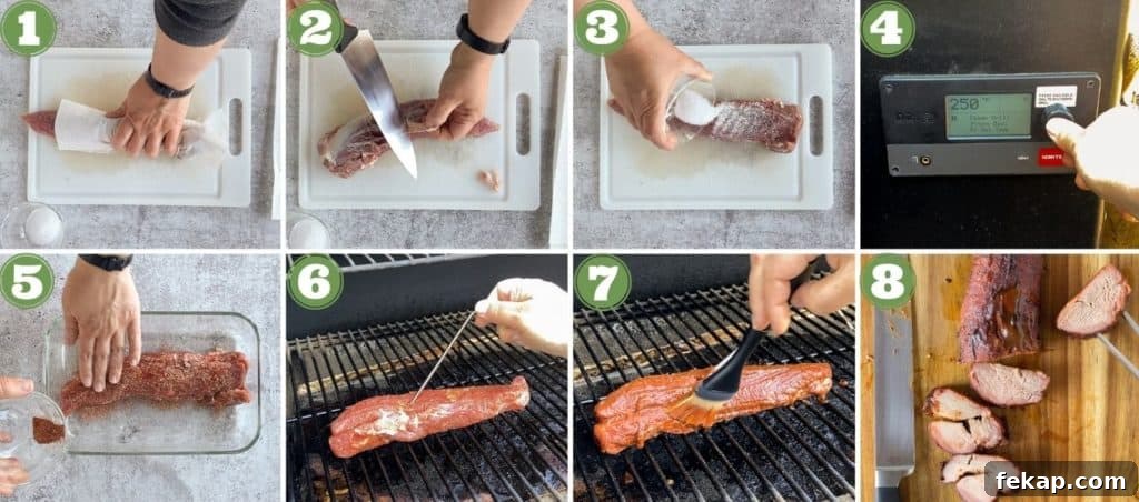 collage of eight process shot to make smoked pork tenderloin