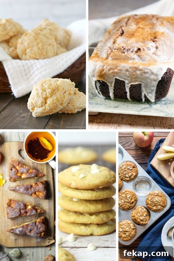 Quick Breads: Types, Uses, and Baking Guide 2 a basket of biscuits, a loaf of chocolate quick bread, a platter of apple cake slices, a stack of white chocolate cookies, and a pan of muffins