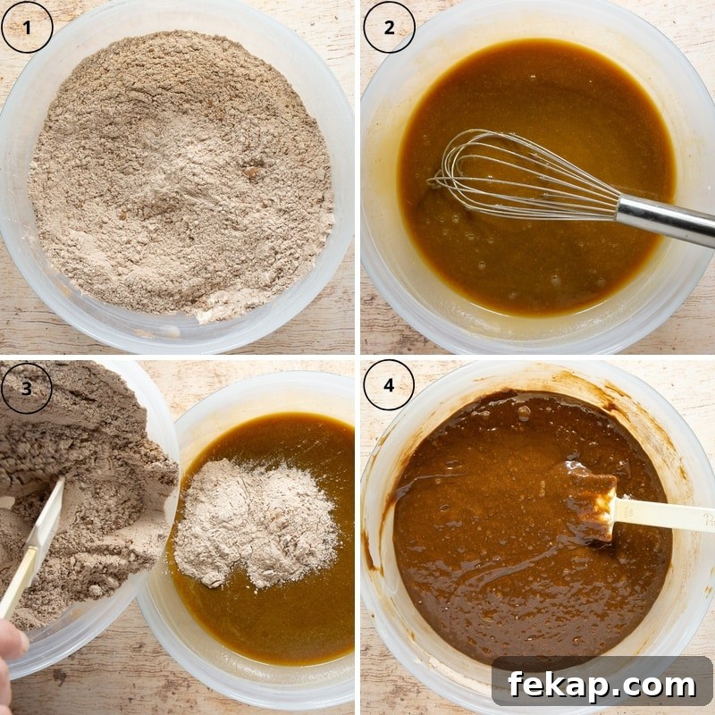 Quick Breads: Types, Uses, and Baking Guide 3 4 images of making a gingerbread loaf, a bowl of dry ingredients, a bowl of wet ingredients, the dry being added to the wet, then it all mixed.