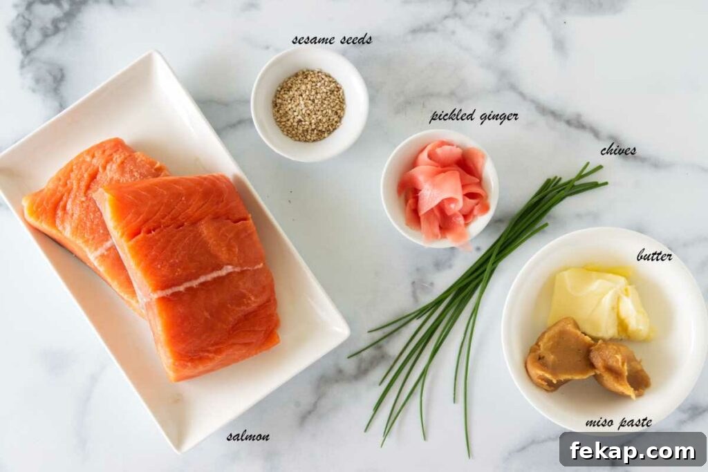 Ingredients for miso butter salmon.
