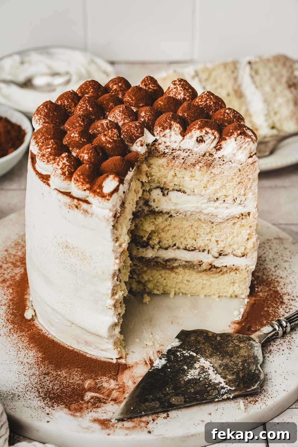 gateau tiramisu coupé sur une plateau