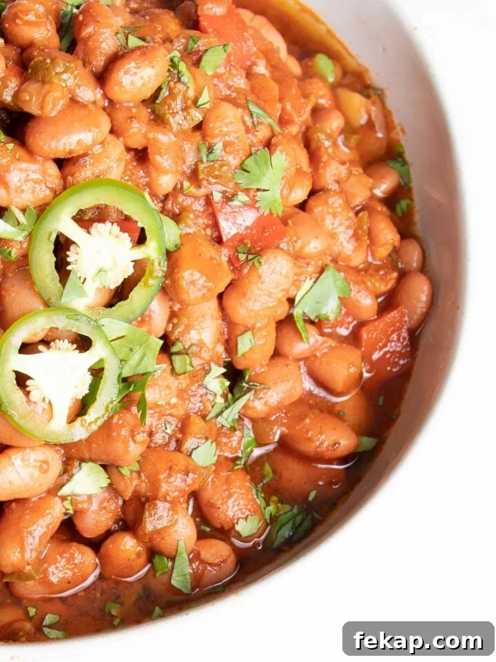 White bowl filled with mexican pinto beans in tomato sauce, topped with jalapenos and cilantro.