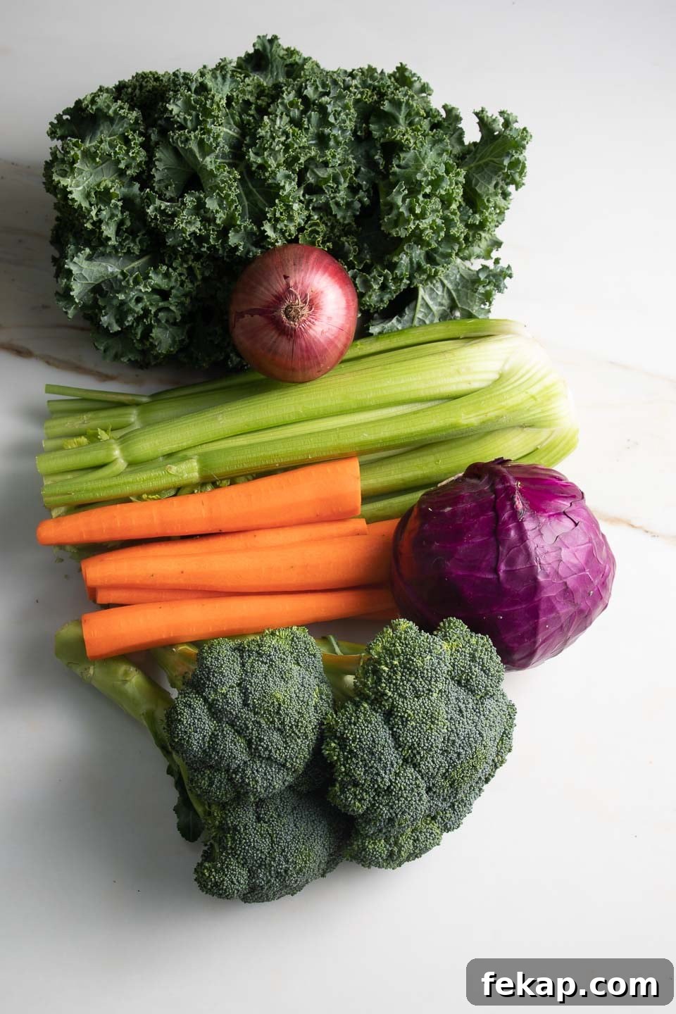 kale, onion, celery, carrots, cabbage, broccoli