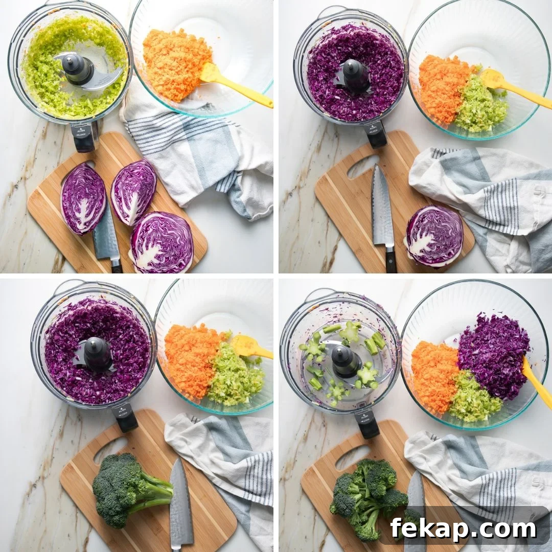 Carrots, cabbage, onions, broccoli pulsed separately in the food processor.
