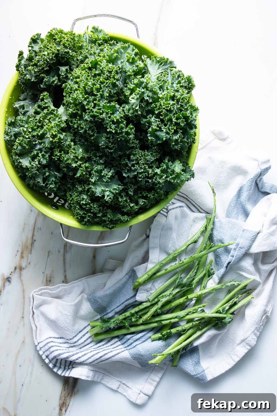 Colander of washed kale and stems