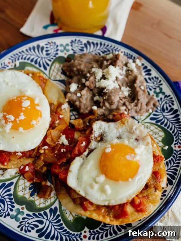 plate of huevos rancheros with a side of refried beans on a blue and white plate