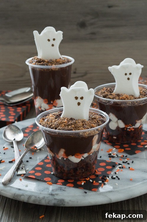 Celebrate Halloween with a pudding parfait! Add in brownies, marshmallows, pudding, and your favorite halloween candy. 