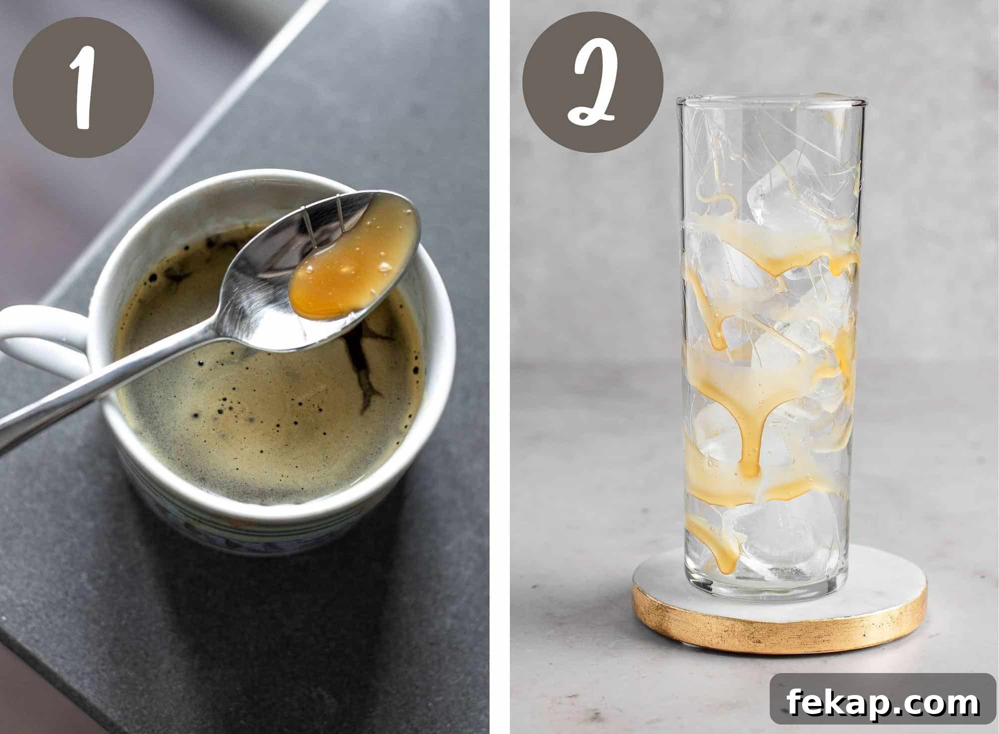 How to Make Caramel Iced Coffee at Home 4 A collage of process photos illustrating steps 1 and 2.