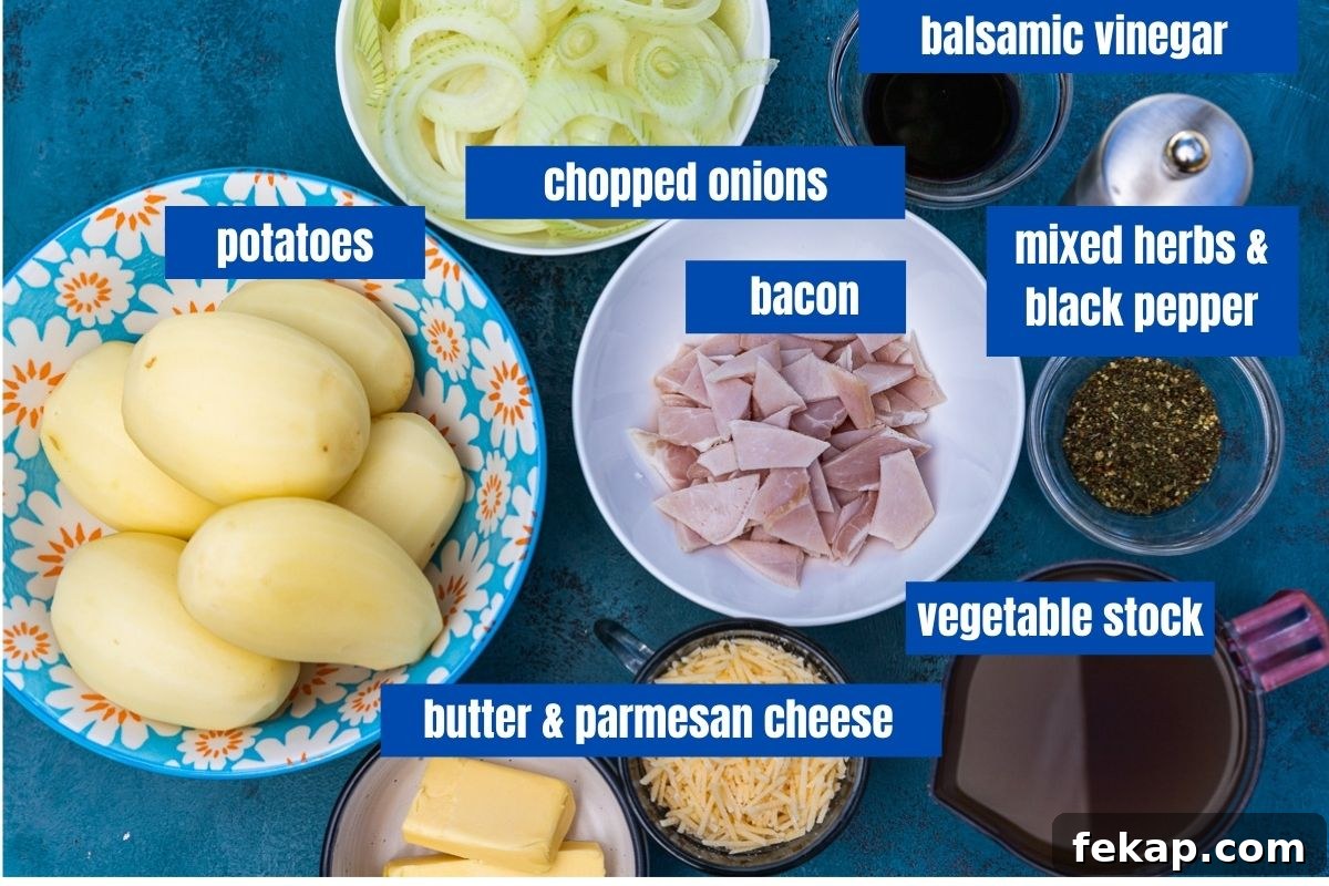 Creamy Bacon Potato Bake Without Cream 3 A collage showing the labelled ingredients used to make a potato bake with bacon or boulangere potatoes