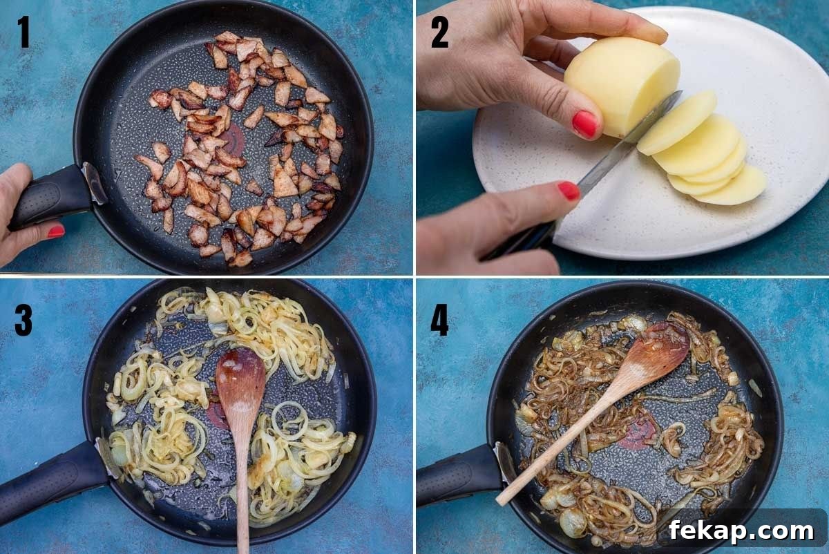 Creamy Bacon Potato Bake Without Cream 4 Collage of 4 images showing how to make a potato bake with bacon or boulangere potatoes