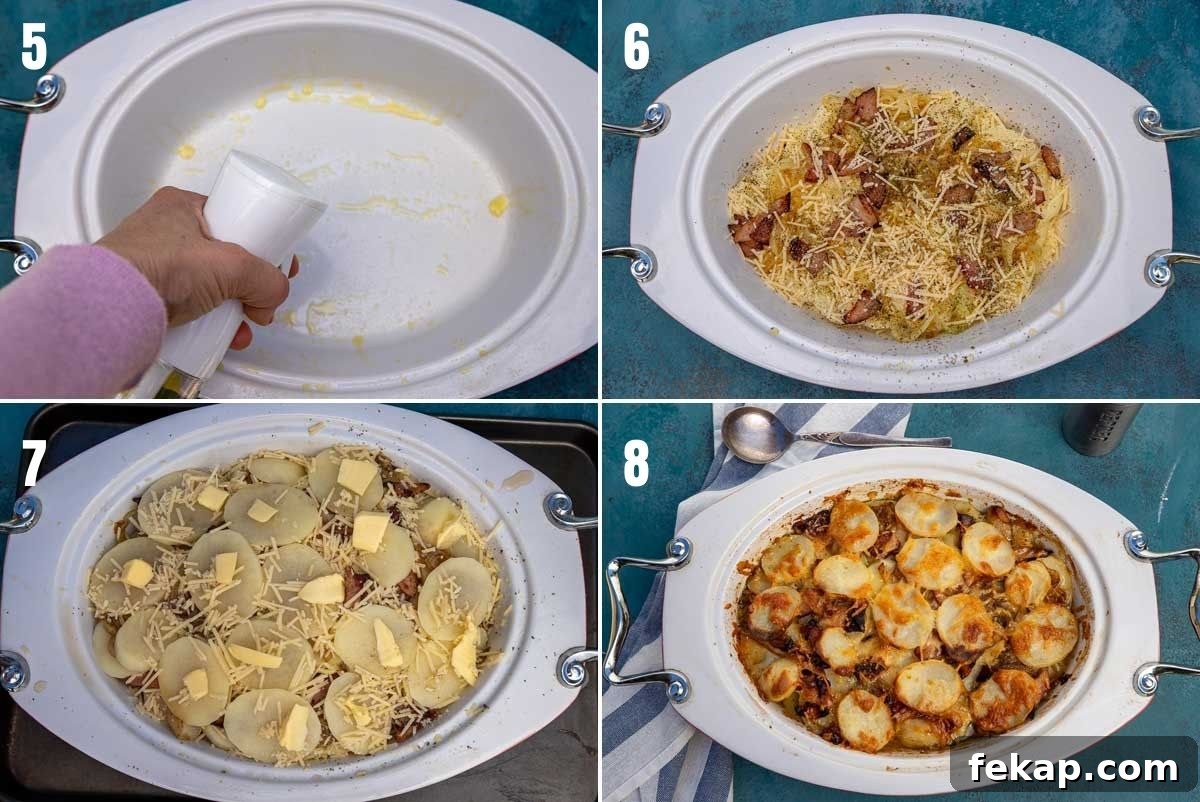 Creamy Bacon Potato Bake Without Cream 5 2nd collage of 4 images showing how to layer a potato bake with bacon or boulangere potatoes