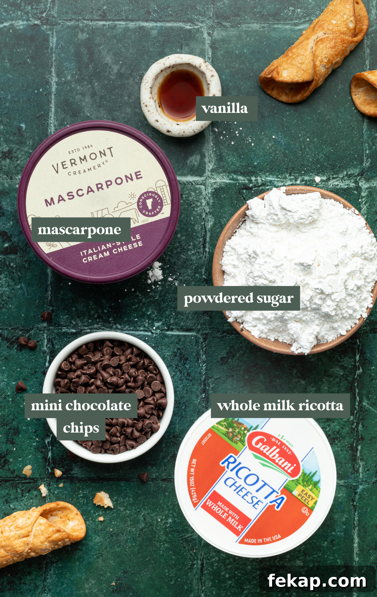Creamy Ricotta Cannoli Dip with Chocolate Chips 4 ingredients in bowls needed to make a homemade cannoli dip.
