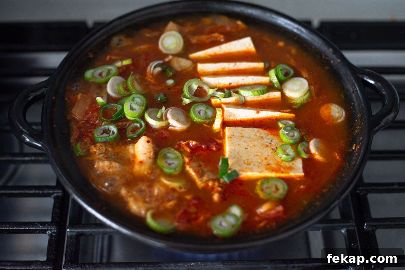 Soft tofu slices added to kimchi stew, finished with chopped green onion on top.
