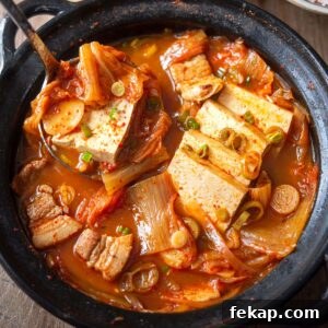 Kimchi jjigae with pork tofu and kimchi in Korean stew pot