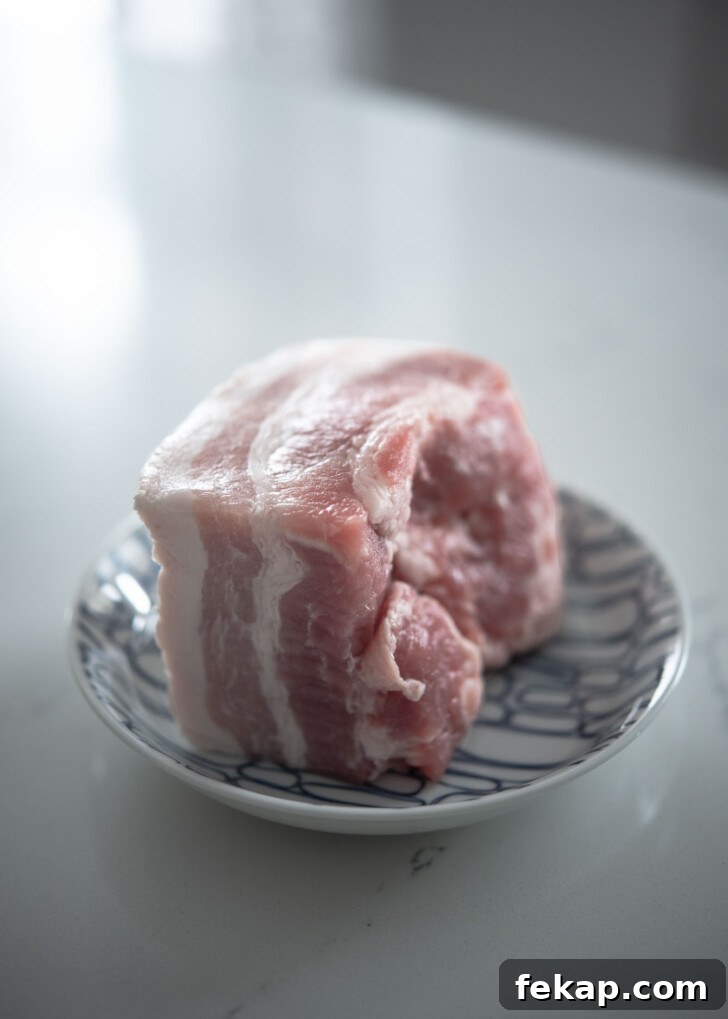 A chunk of pork belly is on a small plate showing the fat and flesh layers
