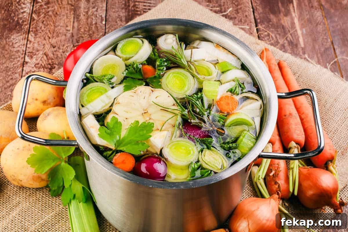 Broth Stock and Bone Broth Differences Explained 4 A pot filled with fresh vegetables including leeks, carrots, garlic, celery, and herbs, sits on a wooden surface. Additional vegetables and herbs are scattered around the pot.