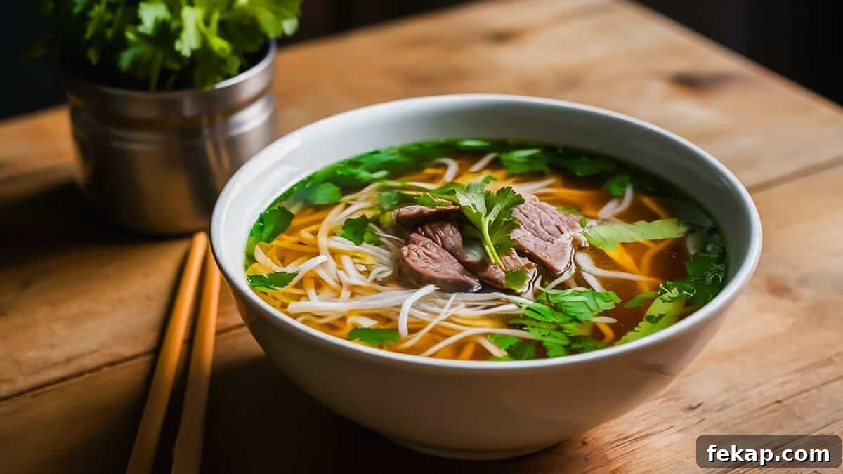 Broth Stock and Bone Broth Differences Explained 7 A bowl of pho with slices of beef, rice noodles, fresh herbs, and bean sprouts, sitting next to a bunch of cilantro on a wooden table.