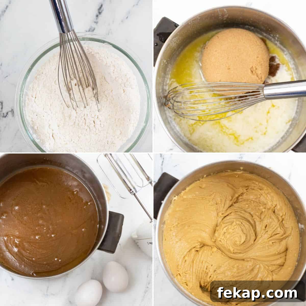 Four-panel image showing steps 1) flour mixture with a whisk, 2) brown sugar and melted butter being whisked, 3) mixed wet ingredients with eggs nearby, 4) creamy batter fully blended in a bowl.
