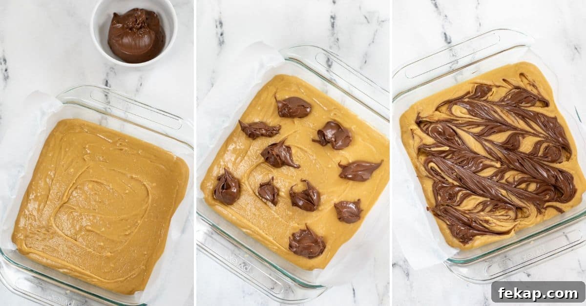 Three-step process of making batter in a pan, dollops of Nutella added, and Nutella swirled into the surface before baking.