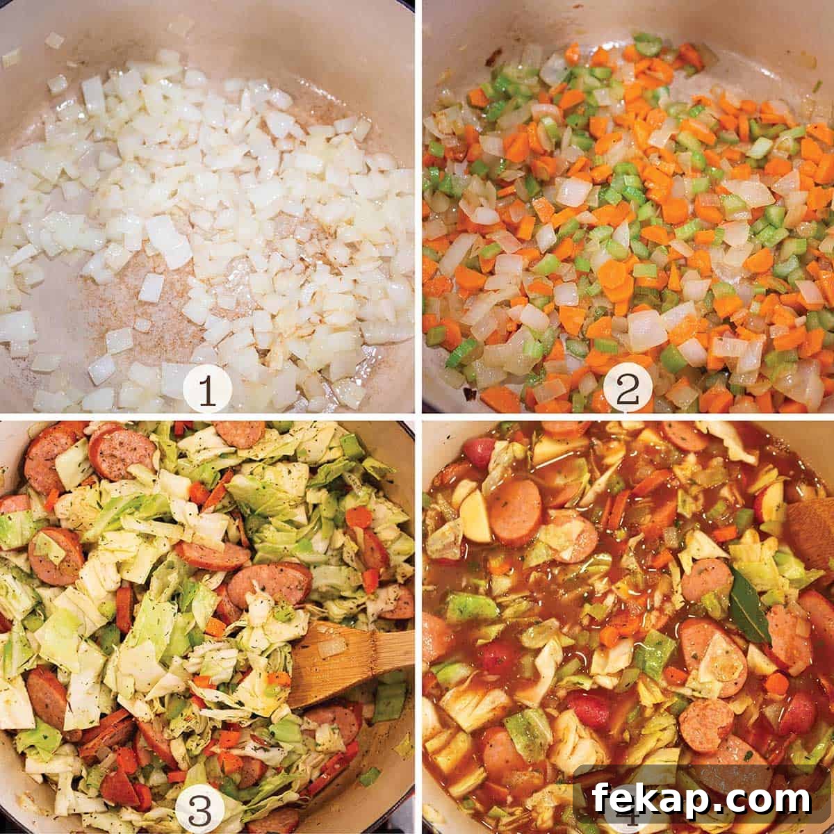 One Pot Cabbage and Sausage Soup Recipe 4 Four images of a soup being cooked in a Dutch Oven.