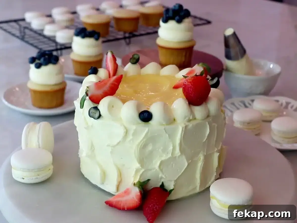 lemon cake, lemon cupcakes and lemon macarons