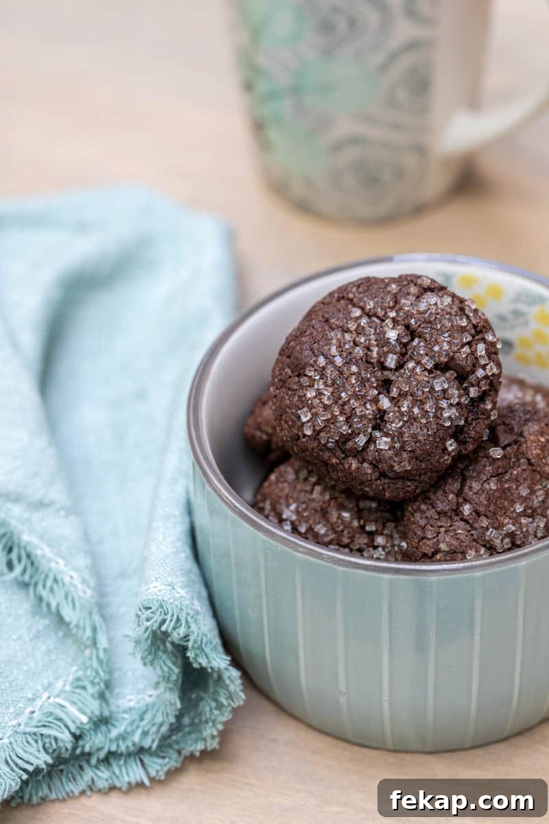 Double Chocolate Almond Flour Cookies 2 bowl of almond flour chocolate cookies with napkin and tea cup in background