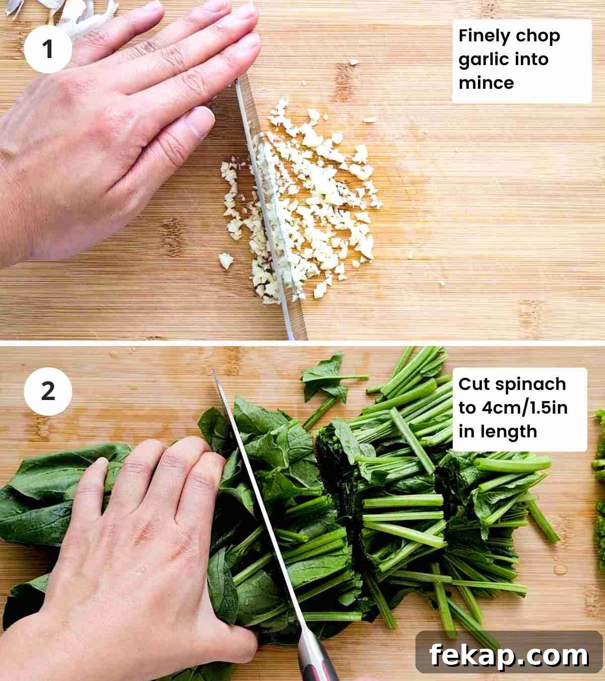 Garlic Stir-Fried Spinach Recipe 7 2 step collage of cutting spinach and garlic with captions
