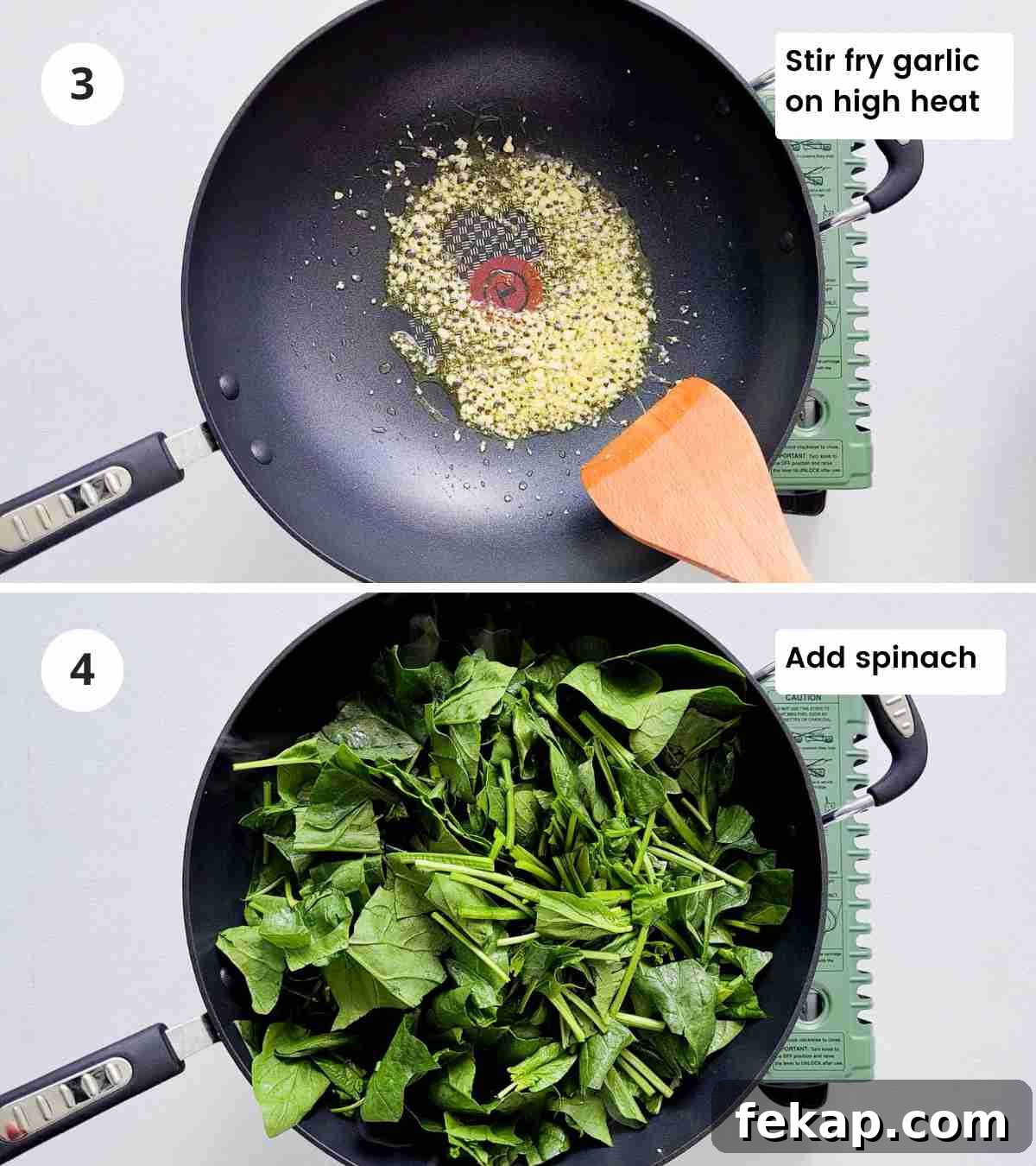 Garlic Stir-Fried Spinach Recipe 8 2 step collage of cooking spinach and garlic with captions
