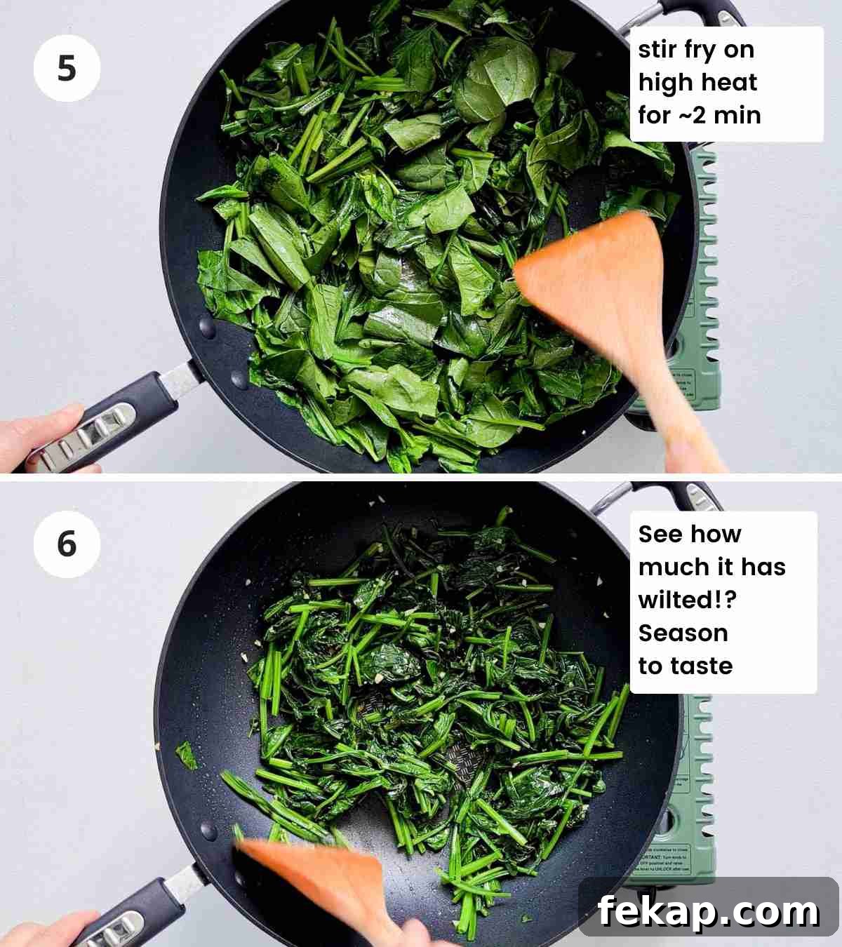 Garlic Stir-Fried Spinach Recipe 9 2 step collage of stir frying spinach with captions