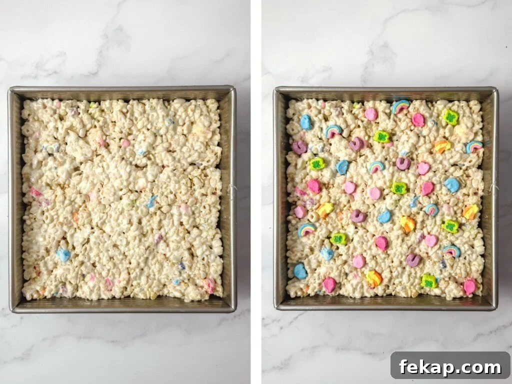 Lucky Charms Rice Krispie Treats Recipe 6 Pressed krispie treats in pan