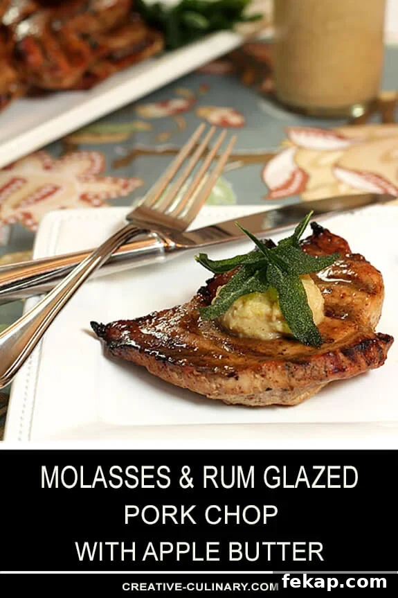 Molasses and Rum Pork Steaks with Apple Butter Served on a Square Plate and Garnished with Sage Leaves