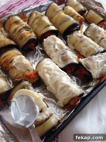 Baked eggplant rollups arranged on a serving plate