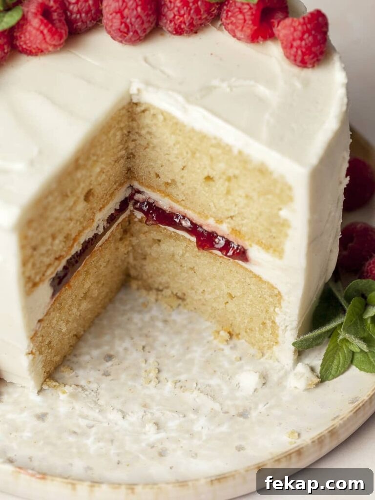Gluten-Free Vanilla Raspberry Cake Recipe 9 sliced Gluten Free Vanilla Raspberry Cake