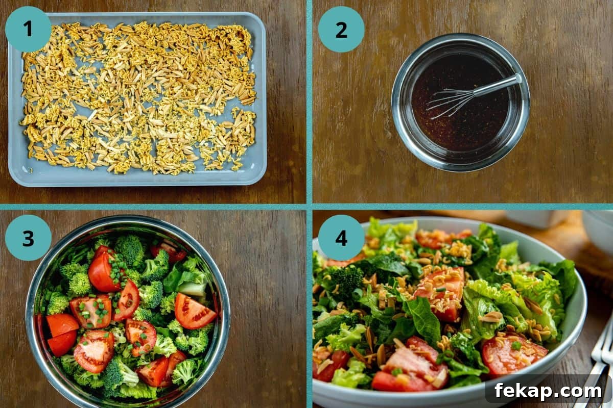 Crunchy Asian Ramen Noodle Salad with Sesame Ginger Dressing 4 photo collage of recipe steps