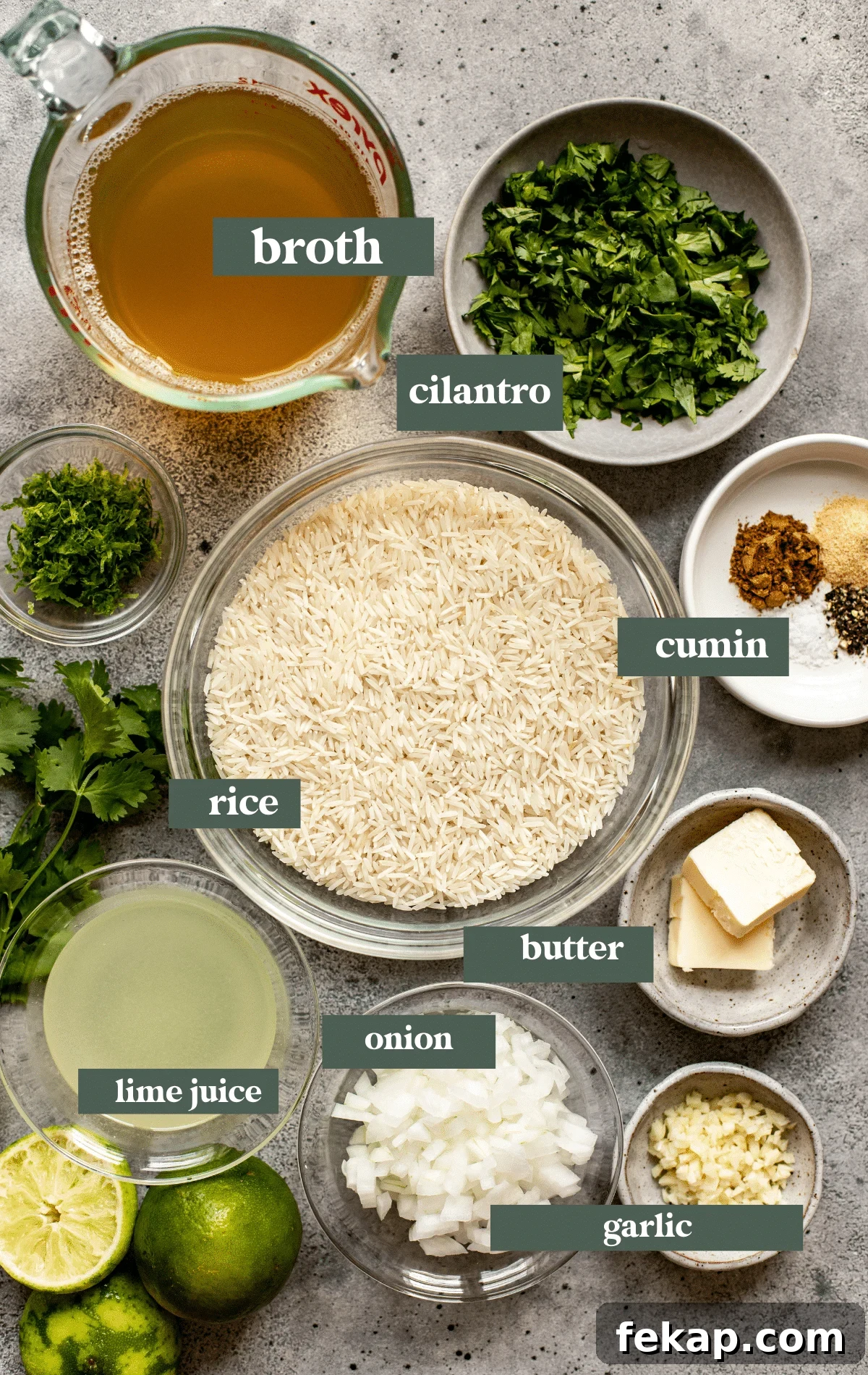 Ingredients needed to make cilantro lime rice in small glass bowls. 
