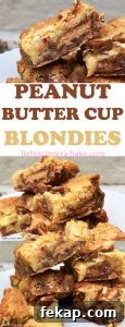 Peanut Butter Cup Blondies Recipe 10 Tall image of Peanut Butter Cup Blondies stacked and sliced