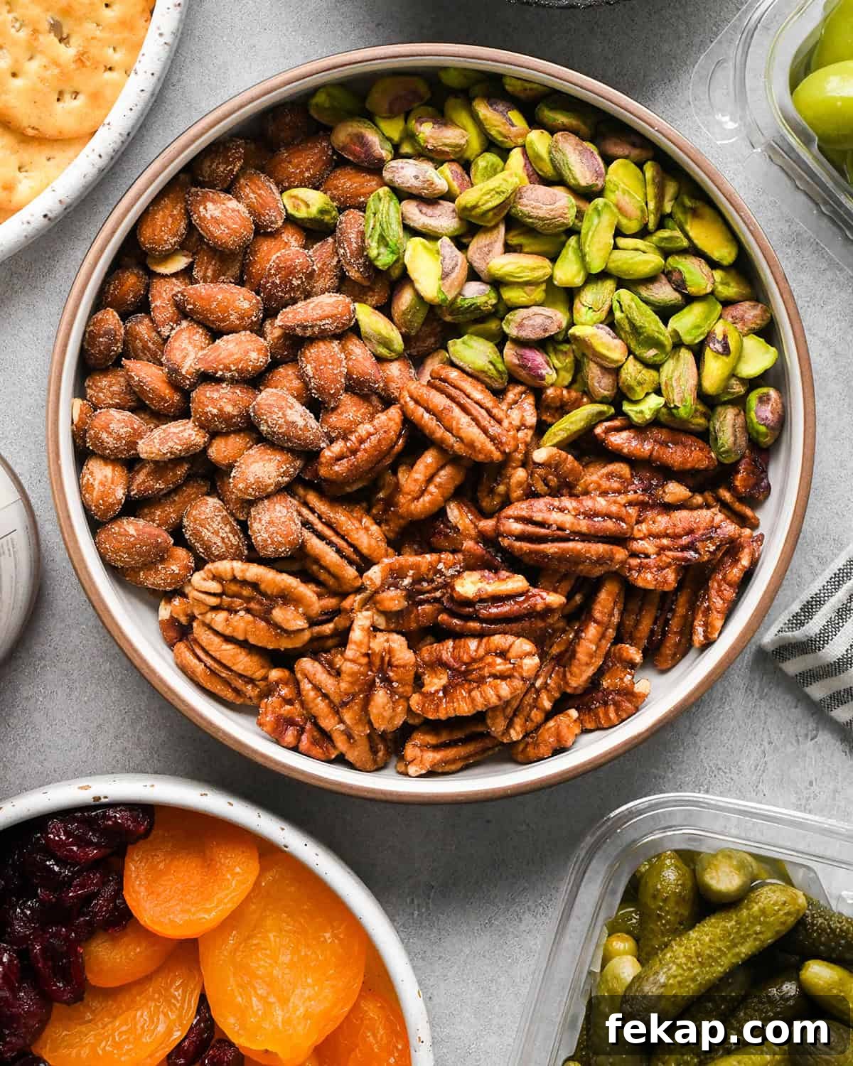 pistachios, smoked almonds and pecans in a bowl